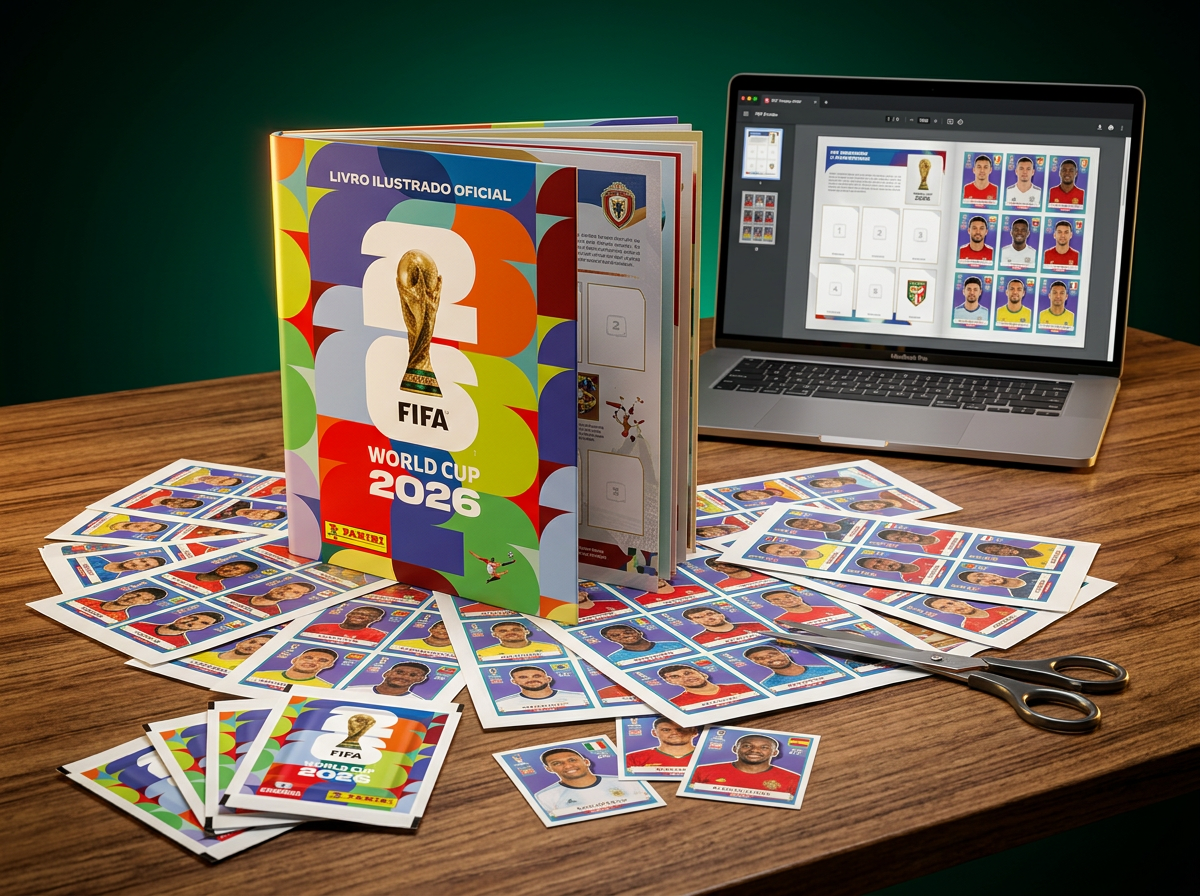 Álbum da Copa 2026 com figurinhas impressas e PDF aberto no notebook